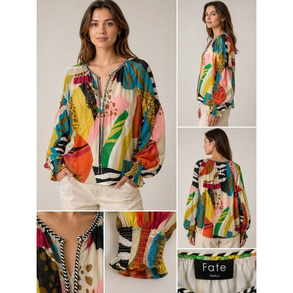 Fate Boho Abstract Print Blouse Colorful Cotton Peasant Top Small